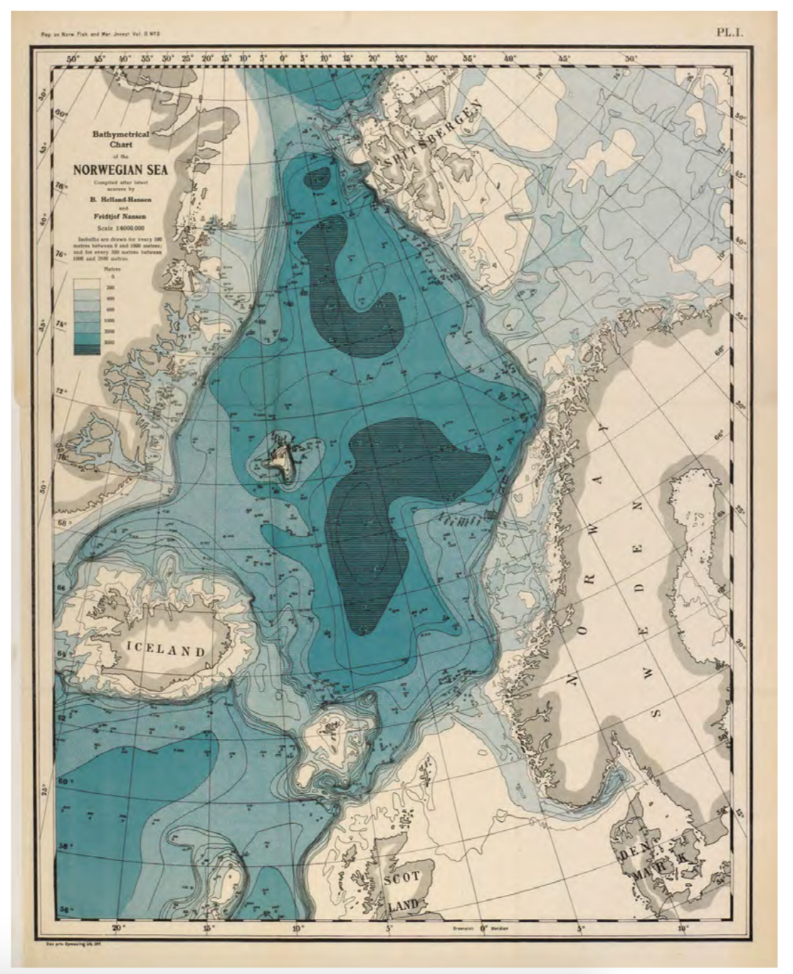 Barymetrisk kart over Norskehavet fra Nansen og Helland-Hansens «The Norwegian Sea - Its Physical Oceanography Based Upon the Norwegian Researches 1900-1904»