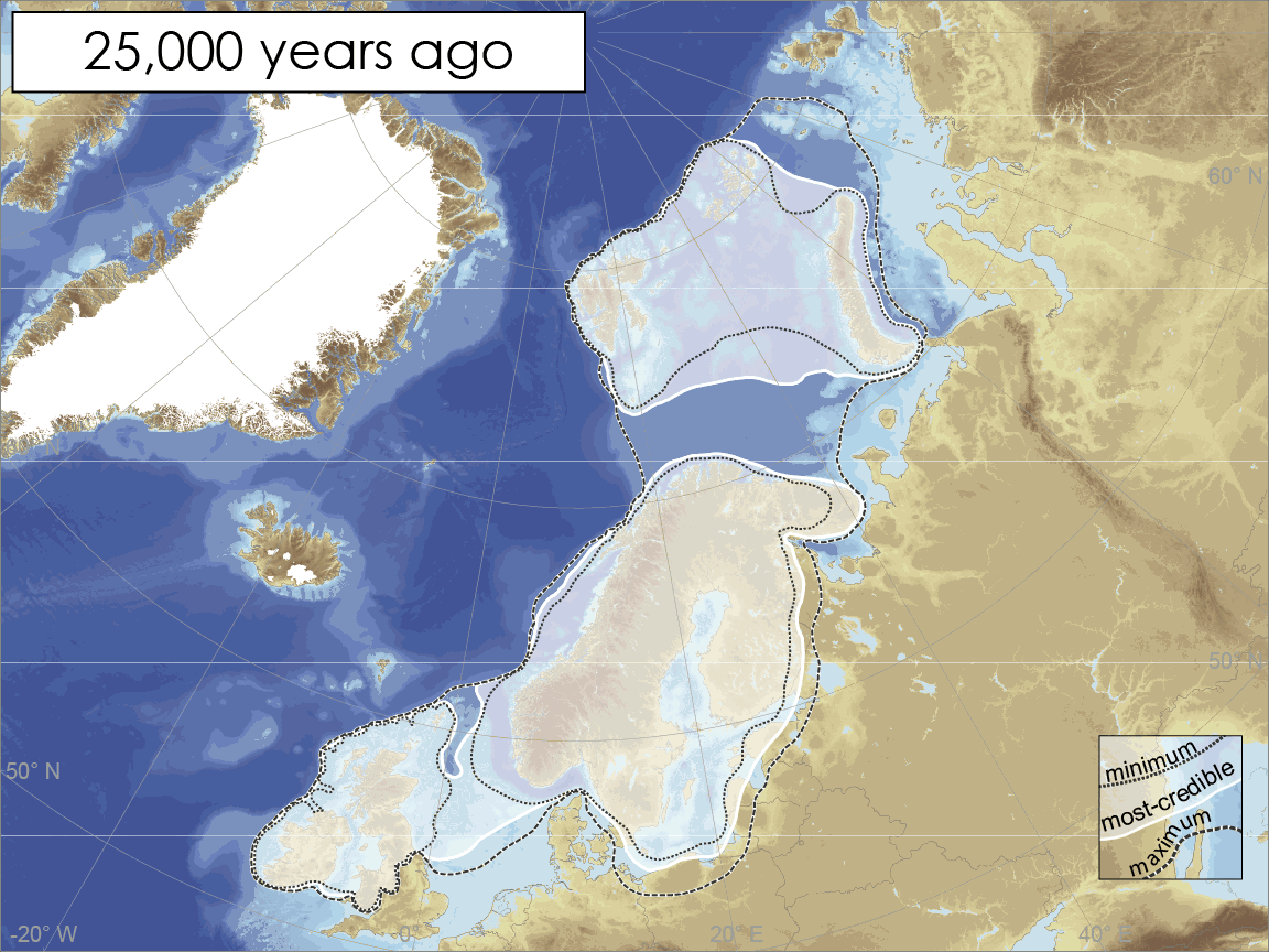 Evolution of the Eurasian ice sheets 25,000-10,000 years ago as based on the DATED-1 time-slice maps. Animation by Anna Hughes