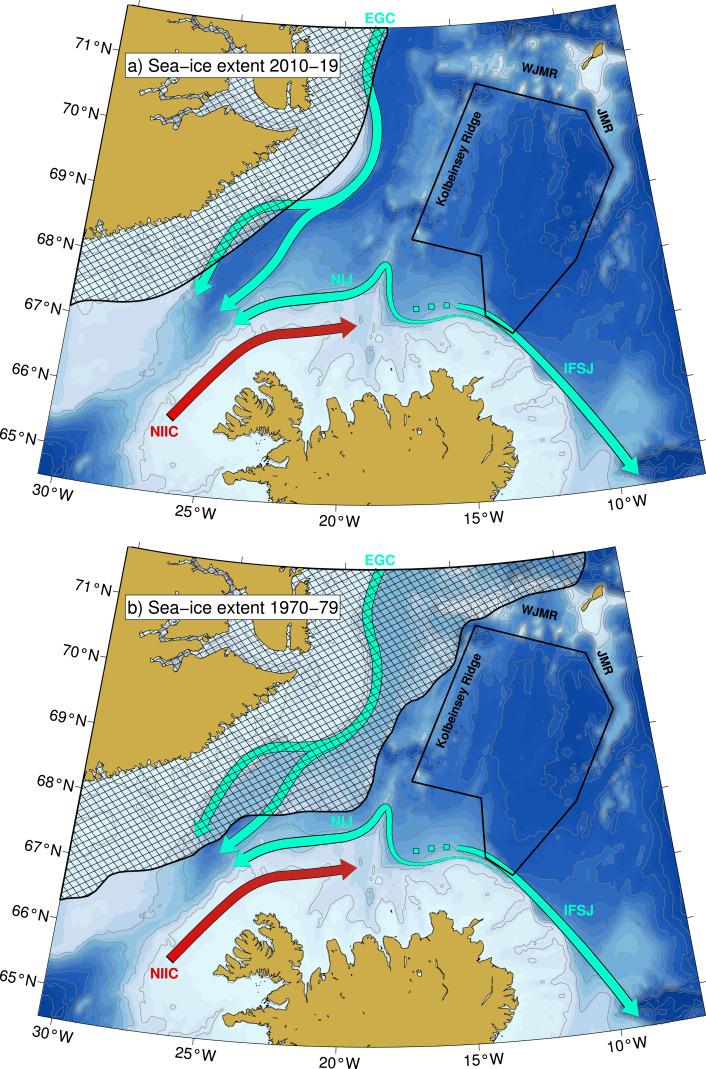 Fig. 7. Decadal change in sea-ice extent over the Iceland Sea. The hatched areas represent mean February–April ERA5 sea-ice concentrations in excess of 50% for the periods 2010–19 (a) and 1970–79 (b)