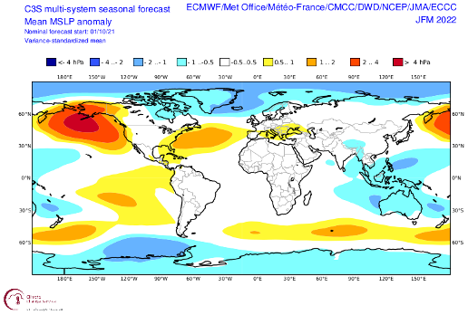 Map of January–March sea-level pressure anomalies