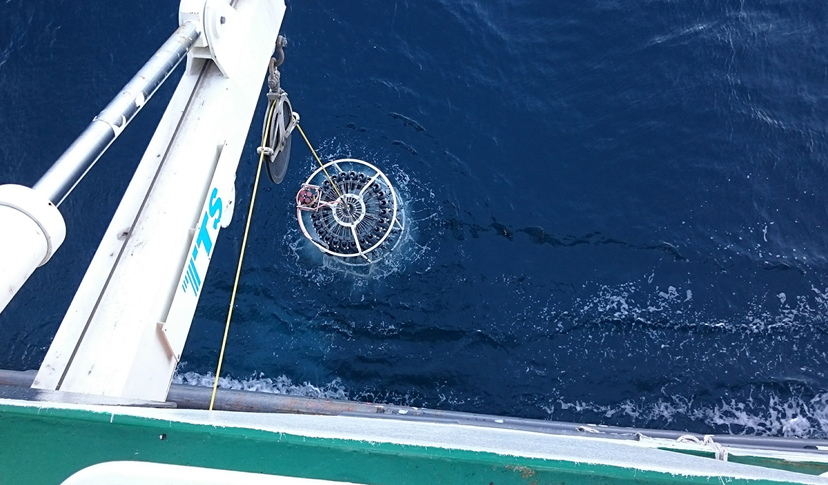 Oceanographic instruments are lowered into the sea