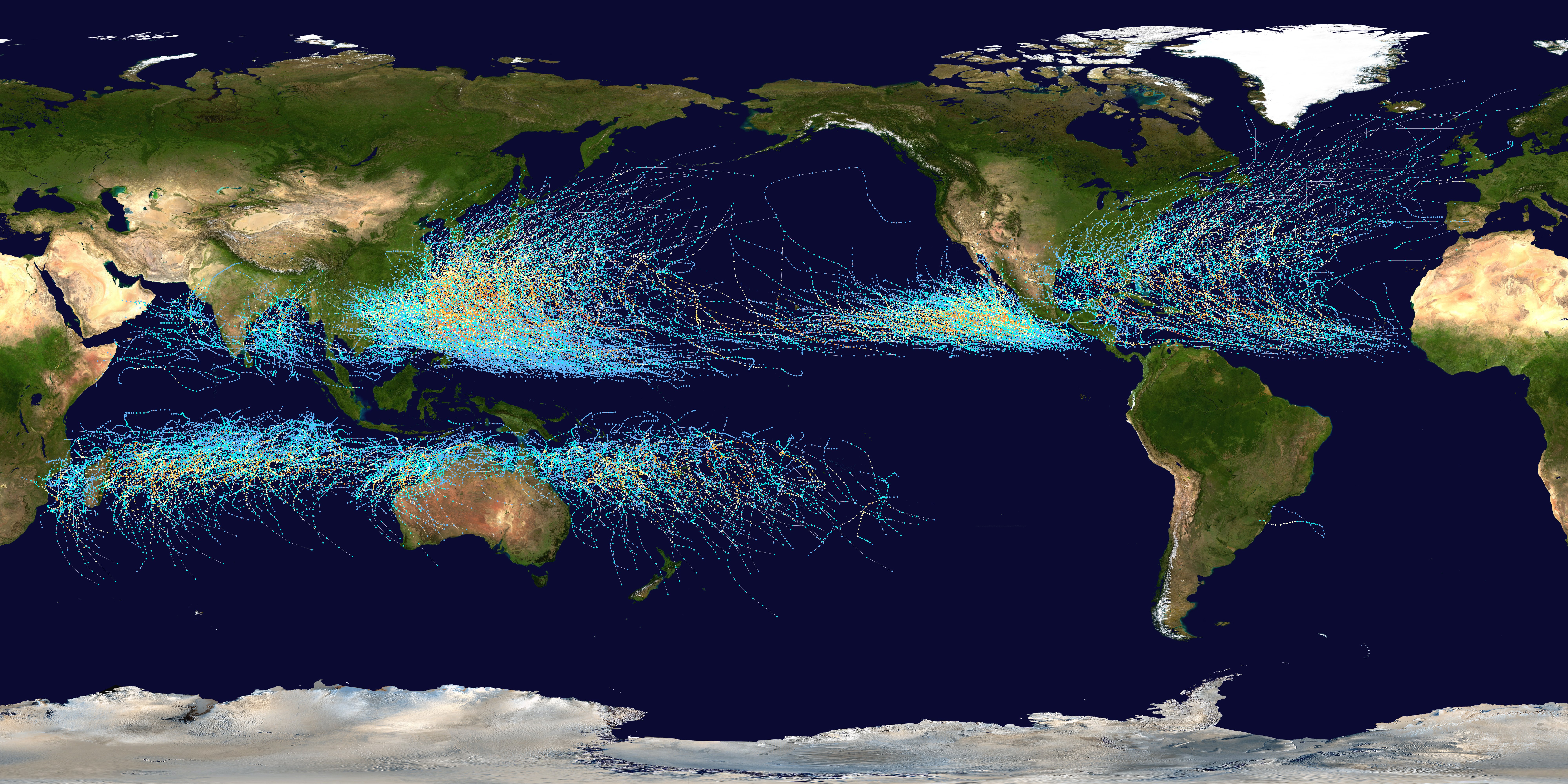 Global Tropical Cyclone Tracks between 1985 and 2005, indicating the areas where tropical cyclones usually develop. (Illustration: NASA)