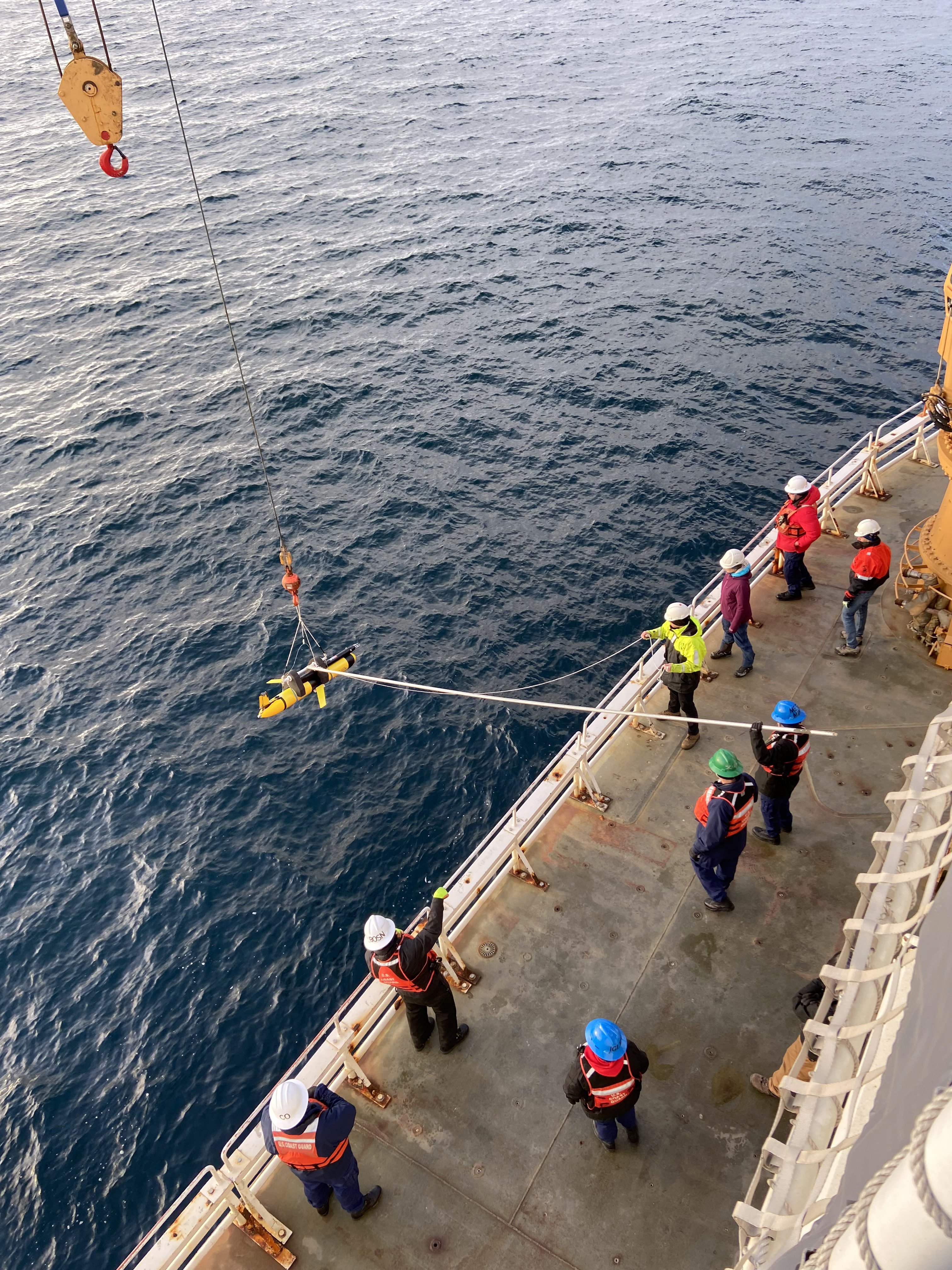 The glider Odin being deployed from USCGC Healy. Photo by Heather Furey.
