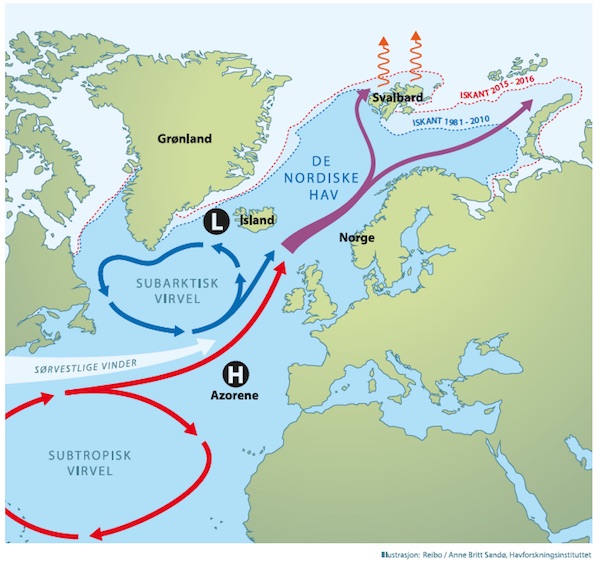 Kart over havstrømmer i Nord-Atlanteren
