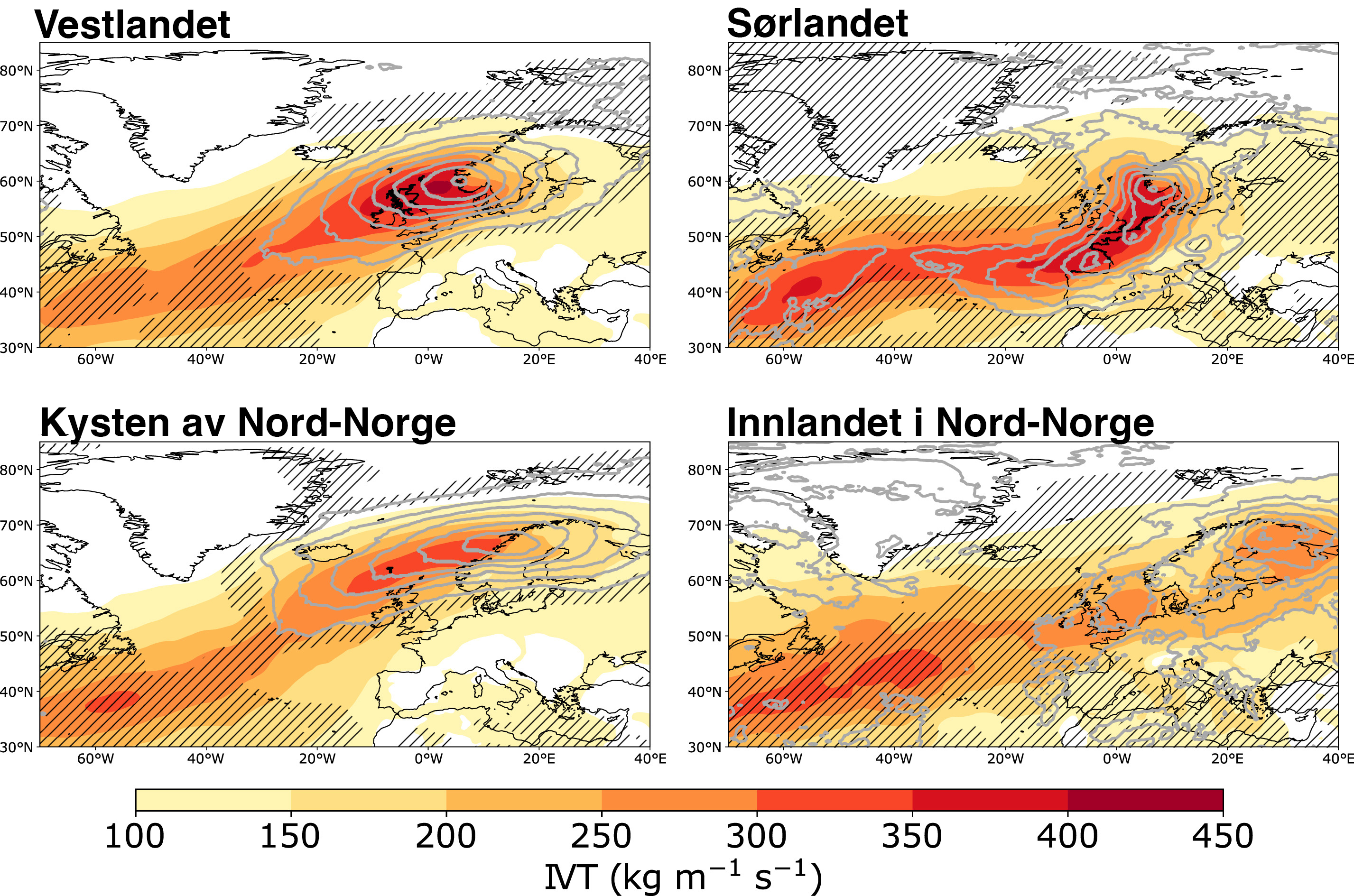 Kart som viser atmosfæriske elver i ulike deler av Norge
