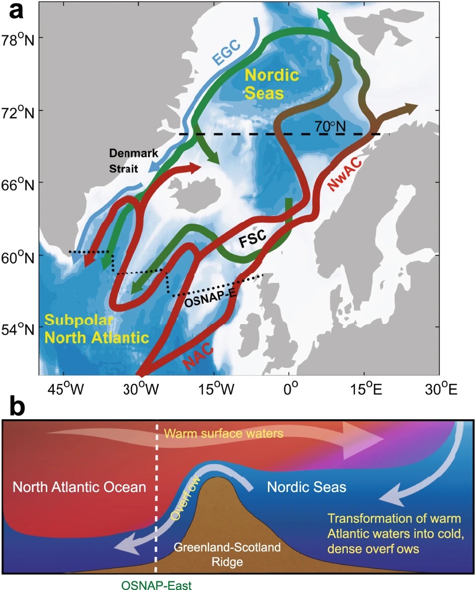 Illustration showing the influence of cold water masses from the Norwegian Sea moving over the Greenland-Scotland sea ridge and into the Atlantic Ocean.