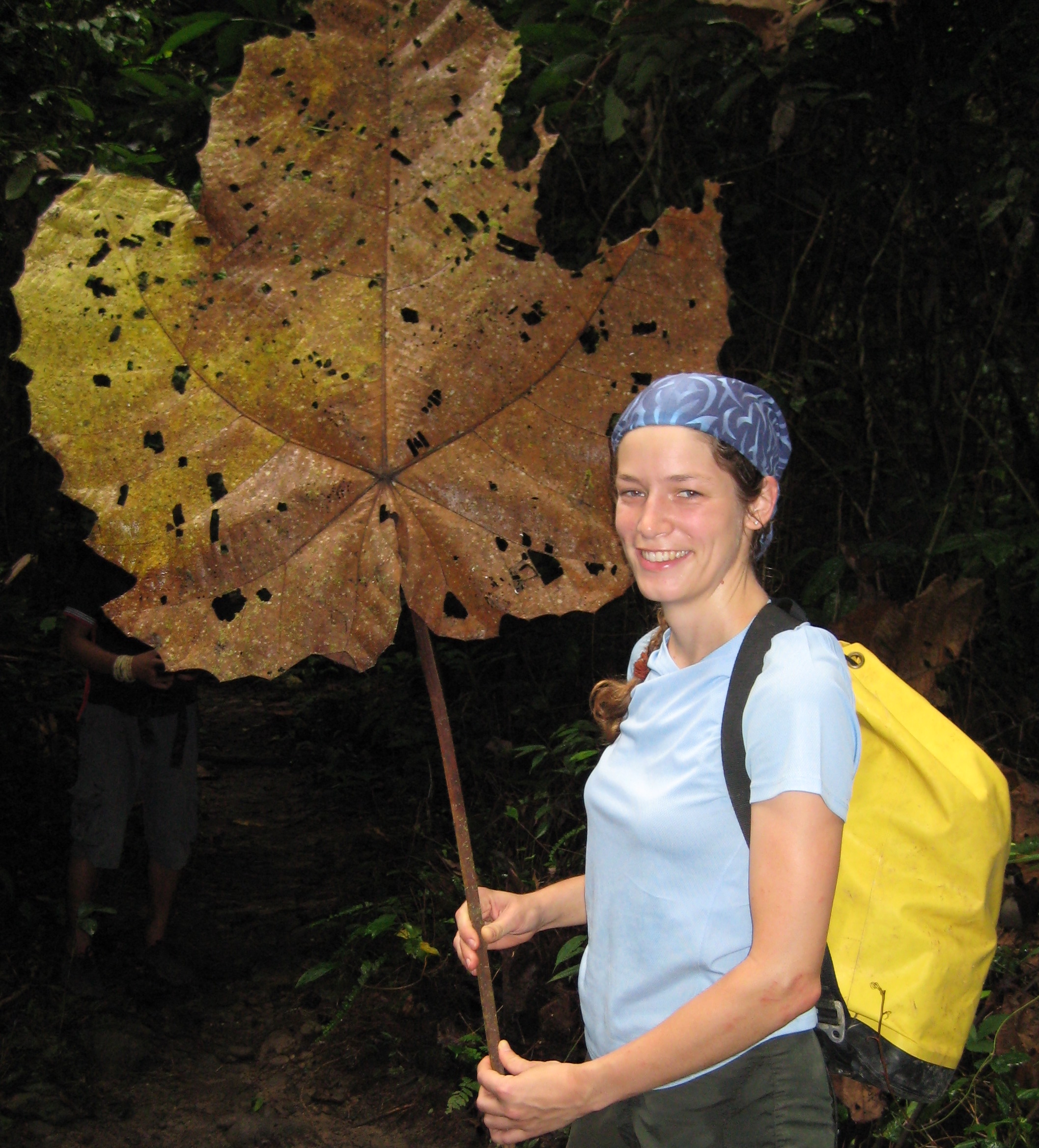 Nele Meckler med et kjempeblad i jungelen 