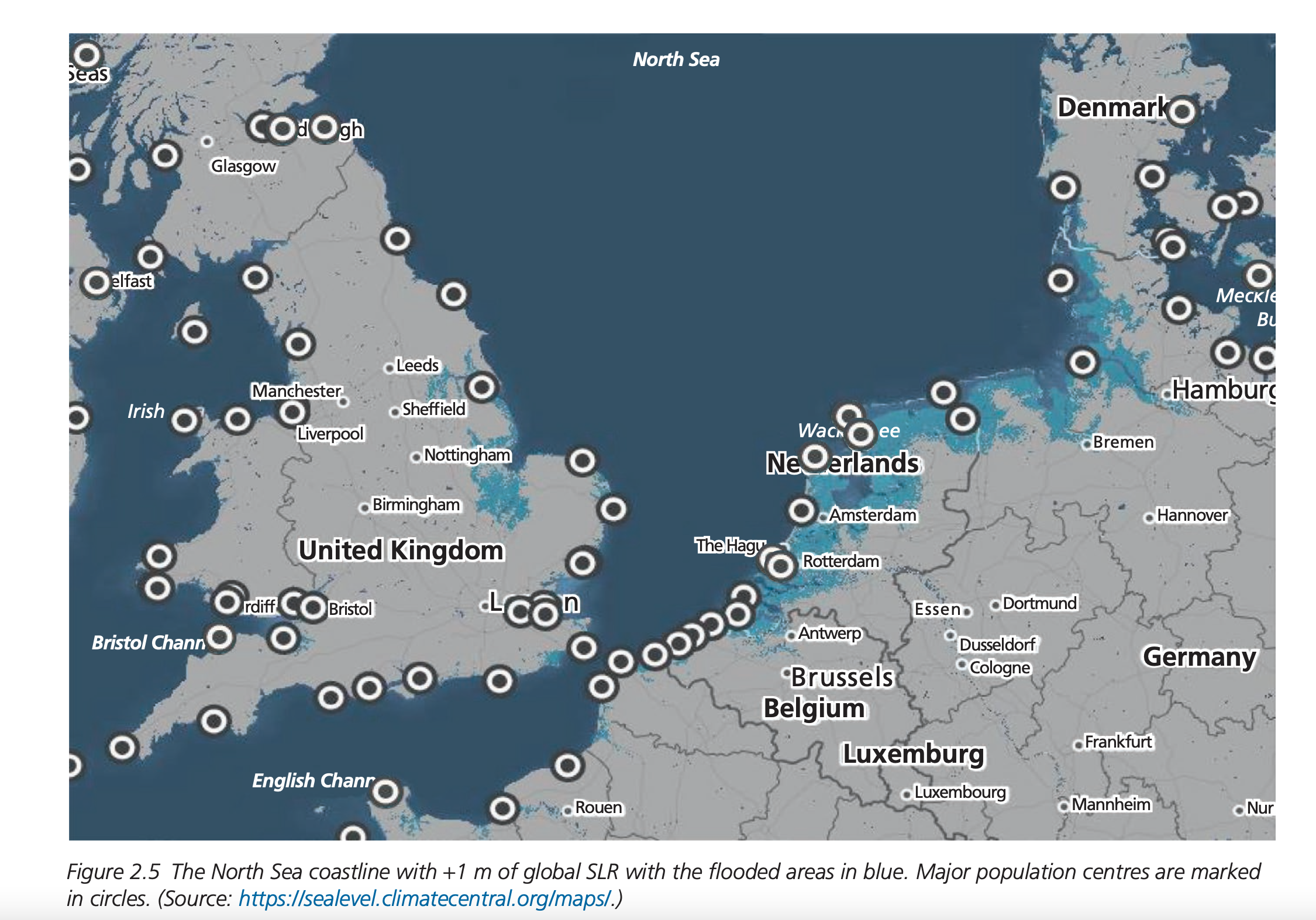 Kart over Nordsjøområdet og oversvømmede områder