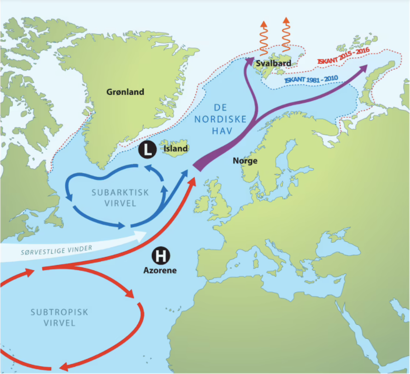kart over Nord-atlanteren og golfstrømmen 