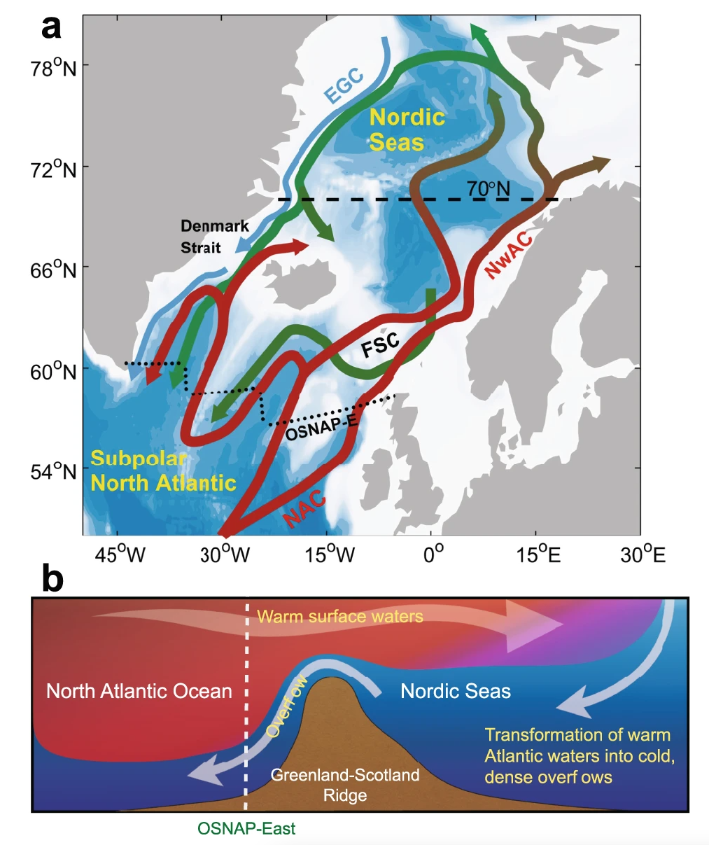 Schematic of the major ocean currents crossing the Greenland-Scotland Ridge (GSR).
