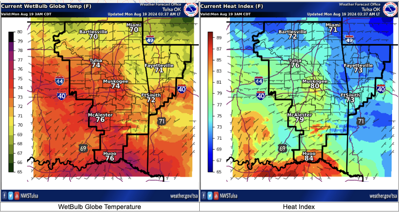 Eksempel av et kart som viser varmeindeksen og WetBulb temperaturen i et område i USA. Kilde: Weather Forecast Office, USA.