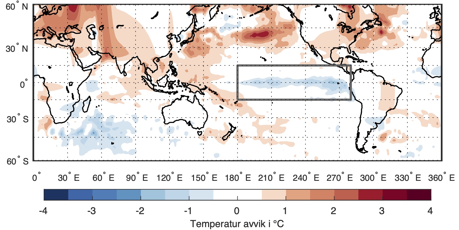 Avviket i havoverflatetemperaturen i Stillehavet for august og september i år, der man ser at det er tydelig kaldere (blå farge) i Stillehavet rundt ekvator (merket med den grå boksen). Avviket er regnet ut i fra gjennomsnittstemperaturen for august-september 1990-2020. Dataene NOAA_OI_SST_V2 som er brukt her er hentet fra https://psl.noaa.gov/