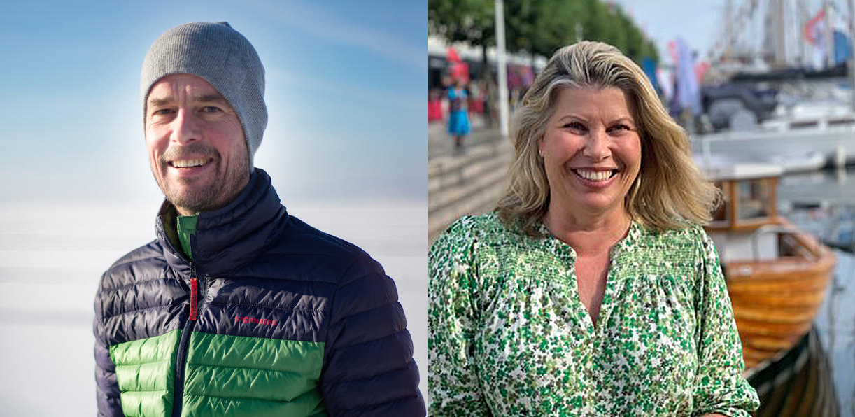 Professor Tor Eldevik, instituttleiar for Geofysisk Institutt, UiB og Kikki Kleiven, direktør for Bjerknessenteret for klimaforsking, gratulerar. 