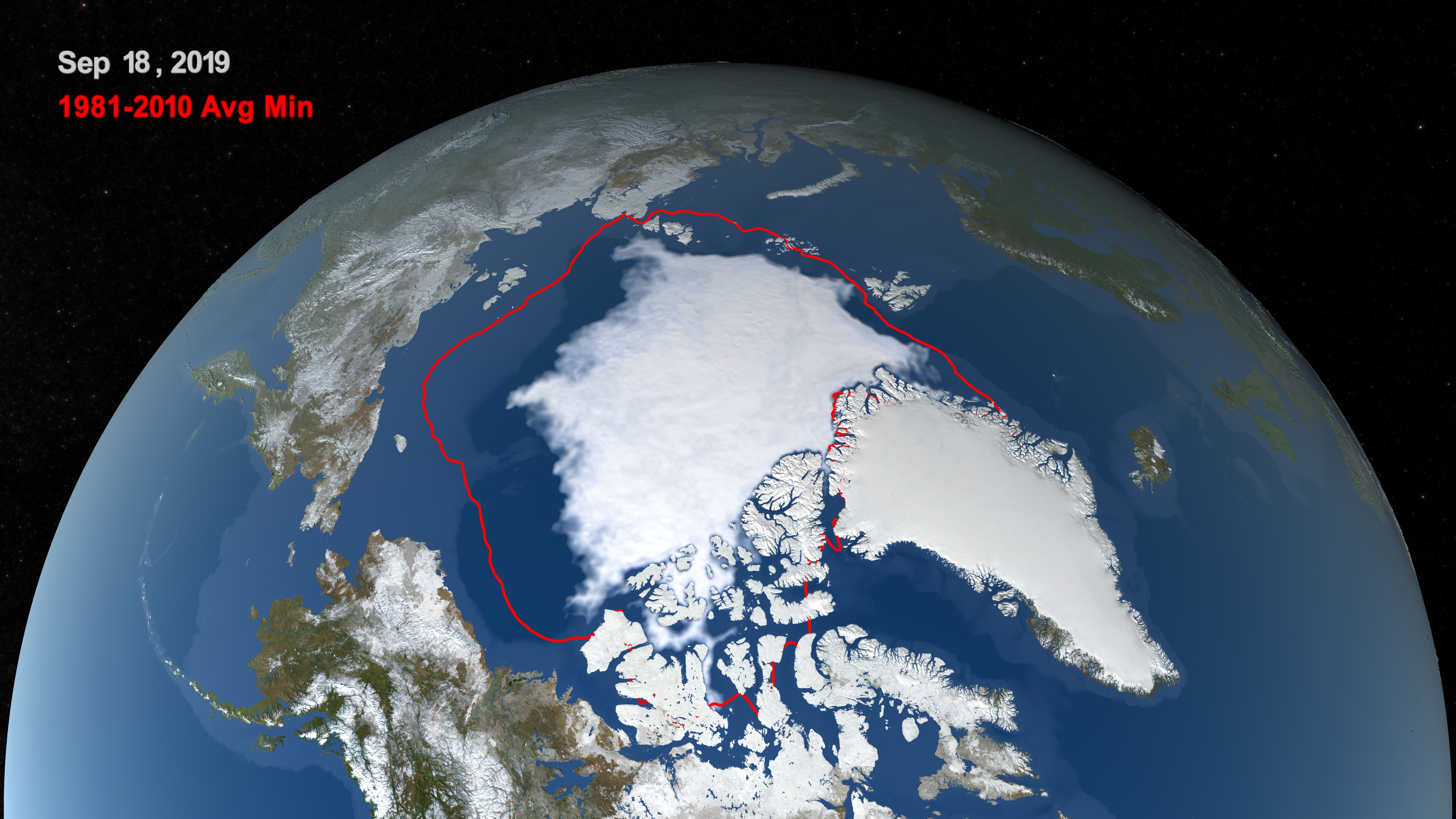 Biletet viser arktisk isminimum den 18. september i år. Den raude streken visar gjennomsnittsminimumet 1981-2010. (Ill: GISS/NASA)