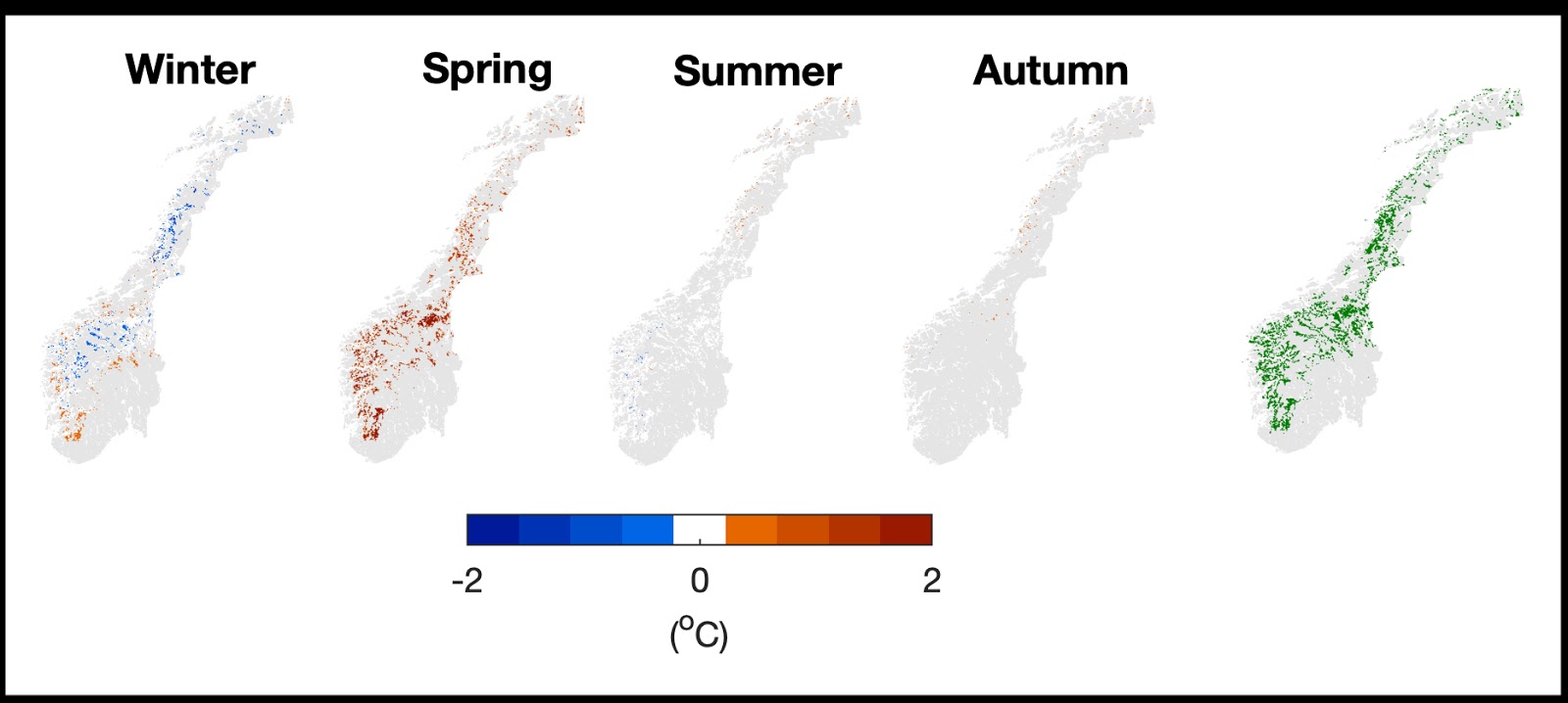 Skogplanting i Norge kan lokalt øke lufttemperaturer om våren med så mye som 1 grad. Andre seasjoner har bare litt endringer. Illustrasjon på høyre viser områder med skogplanting i model.