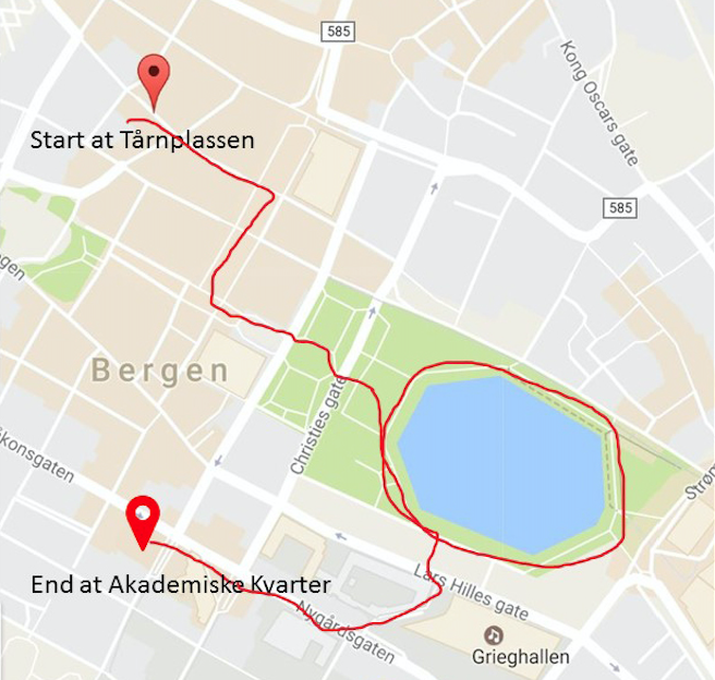Map of Bergen with route