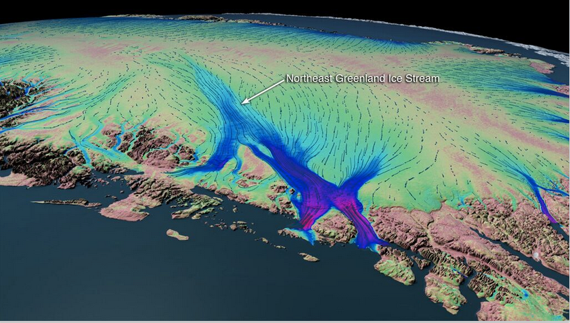 Den nordøstlige istrømmen på Grønland. Foto fra NASA