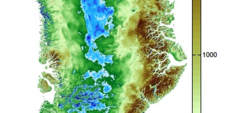 Topografi under Grønlandsisen. Mathieu Morlighems topografi viser slik Grønland ser ut i dag under isen. Det blå feltet i kartet viser områder under havnivå. Når isen trekker seg tilbake vil landheving endre bildet. Ill.: Mathieu Morglihem/ NASA-JPL